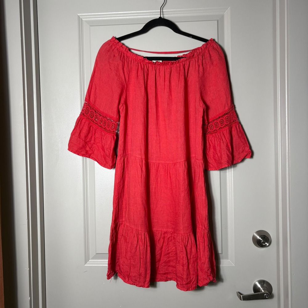 Terzo Millennio Linen Crochet Lace Tiered Mini Dress Coral Red Small